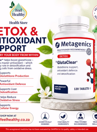 Metagenics GlutaClear supplement for glutathione production detox support and antioxidant protection in South Africa