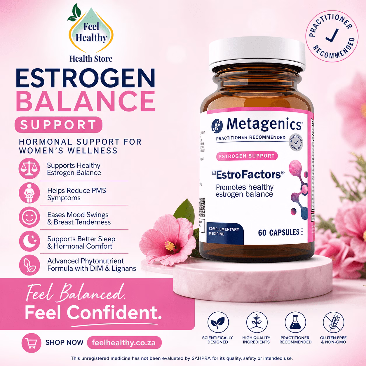 Metagenics EstroFactors supplement for estrogen balance PMS relief and hormonal wellness in South Africa