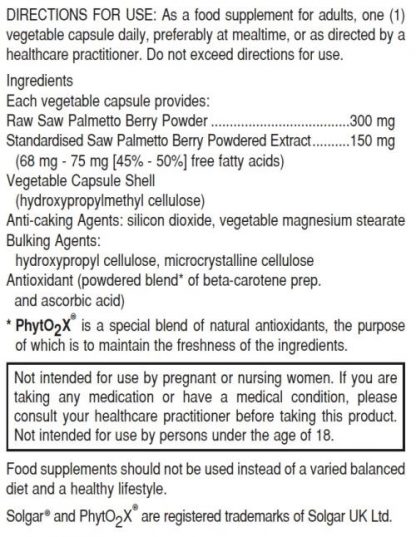 Solgar Saw Palmetto Berry Extract Vegetable Capsules - Image 2