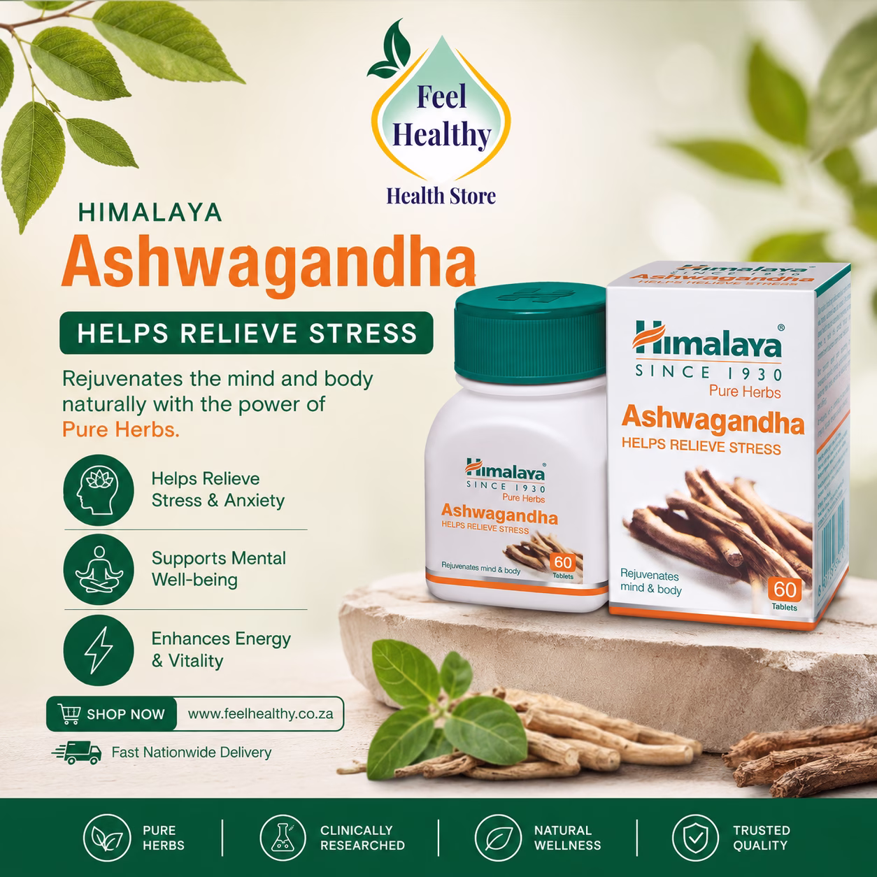 **Alt Text:** Himalaya Ashwagandha 60 Tablets natural herbal supplement for stress relief and mental wellness available online from Feel Healthy South Africa.