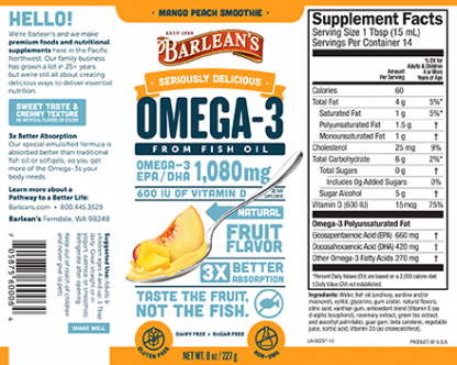 Barleans Seriously Delicious™ Omega-3 Fish Oil Mango Peach Smoothie Label