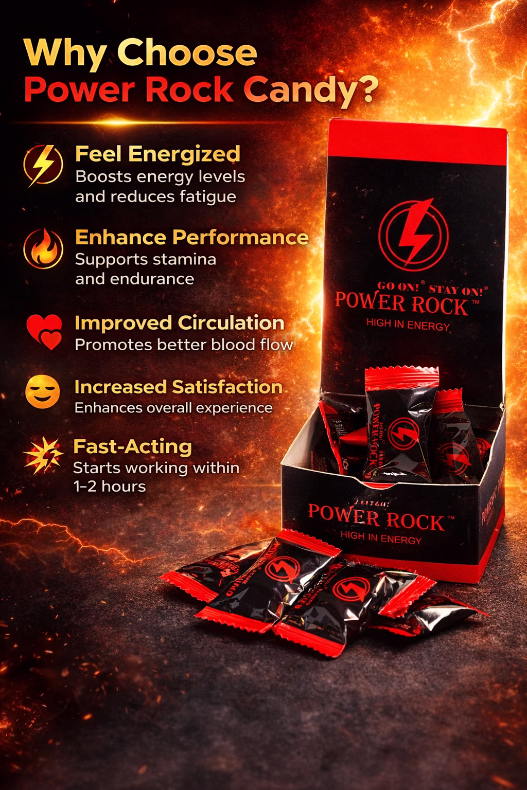 Boost energy, stamina, and performance with Power Rock Candy. Fast-acting herbal sweets designed to enhance vitality, reduce fatigue, and improve circulation. Box of 50.