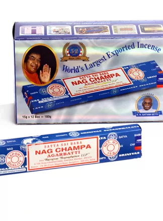 Enjoy the Fragrance of Satya Sai Baba Nag Champa. Shrinivas Sugandhalaya is the maker of the world famous Satya Sai Baba Nag Champa. Nag Champa is a hand-rolled blend of flowers, spices, and resins, and each stick burns for about 45 minutes. There are approximately 15 sticks per pack. The World’s Number one Incence. A SINGLE PACK CONTAINS 15G STICKS IN TOTAL A BOX CONTAIN A DOZEN SINGLE PACKS