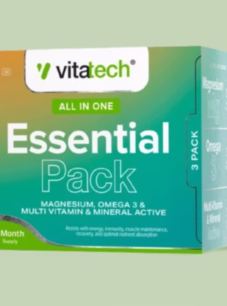 Support your daily health with the Vitatech Essential Pack. Includes multivitamin, omega 3 and magnesium for energy, heart health and overall wellness.