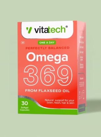 Support heart, brain, joints, and immune health with Vitatech Omega 369. Balanced omega3,6& 9 softgel capsules in travel-friendly blister packs.