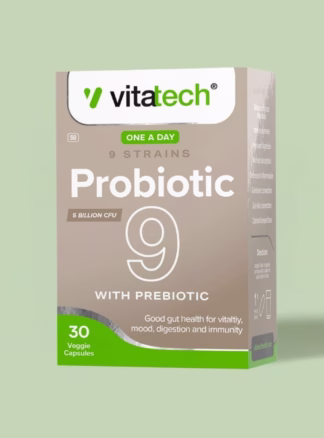 Support digestion, immunity, and gut-brain health with Vitatech Probiotic 9-Strain. Travel-friendly veggie capsules in blister packs for daily gut wellness.