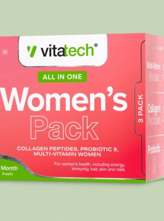 Support female health, digestion, immunity, and beauty with the Vitatech Women’s Pack. Daily multivitamin, probiotics, and collagen in one convenient box.