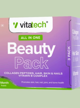 Glow from within with Vitatech Beauty Pack. Collagen, hair, skin & nails formula plus vitamin B complex for daily beauty and wellness support