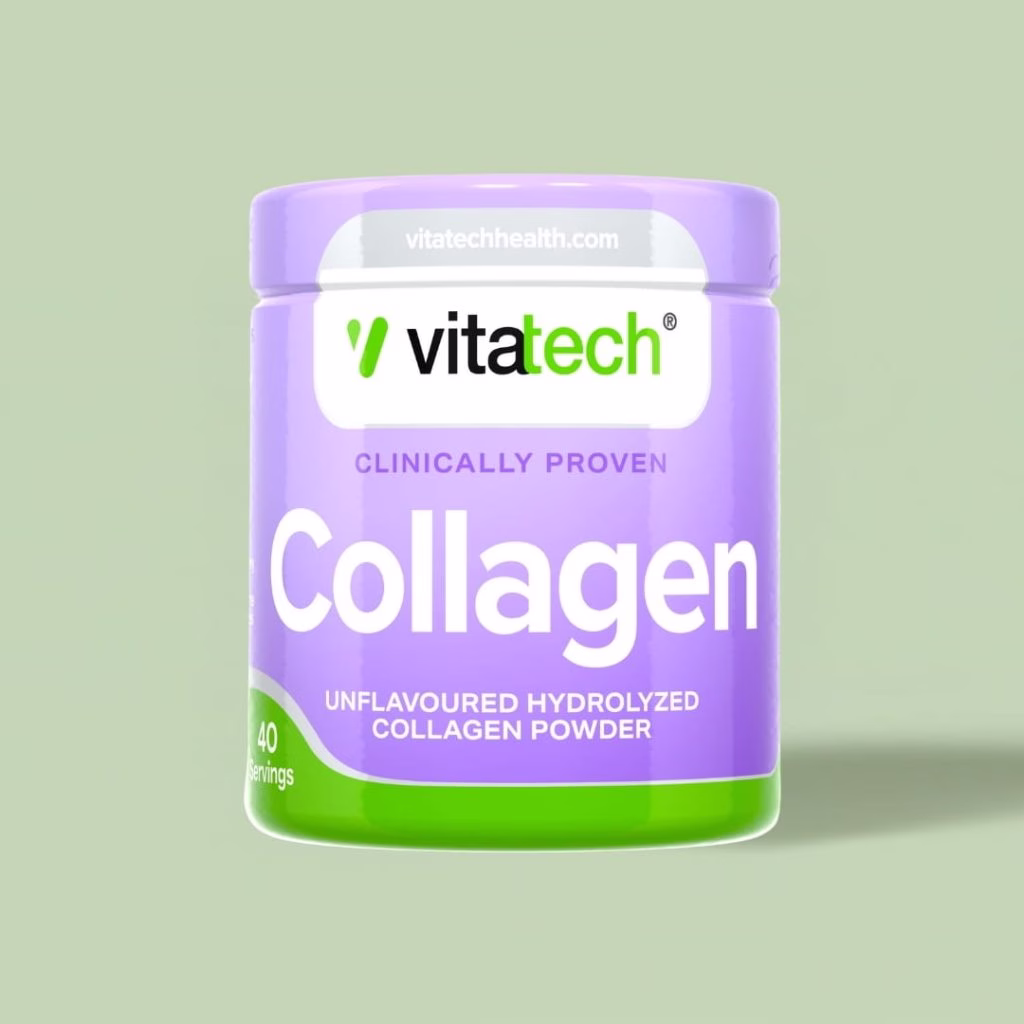 Support skin, joints, hair and nails with Vitatech Clinically Proven Collagen. Unflavoured, highly absorbable powder with instant mixing and 40 servings per tub.