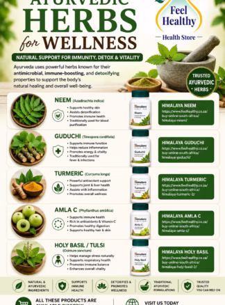 Ayurvedic herbal wellness promotional image featuring Himalaya Neem, Guduchi, Turmeric, Amla, and Holy Basil supplements for immune support, detoxification, and natural wellness from Feel Healthy South Africa.
